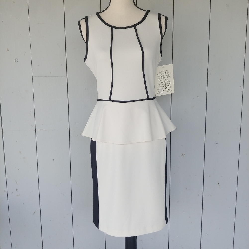 BOSTON PROPER | Off White Piped Peplum Sleeveless Dress
